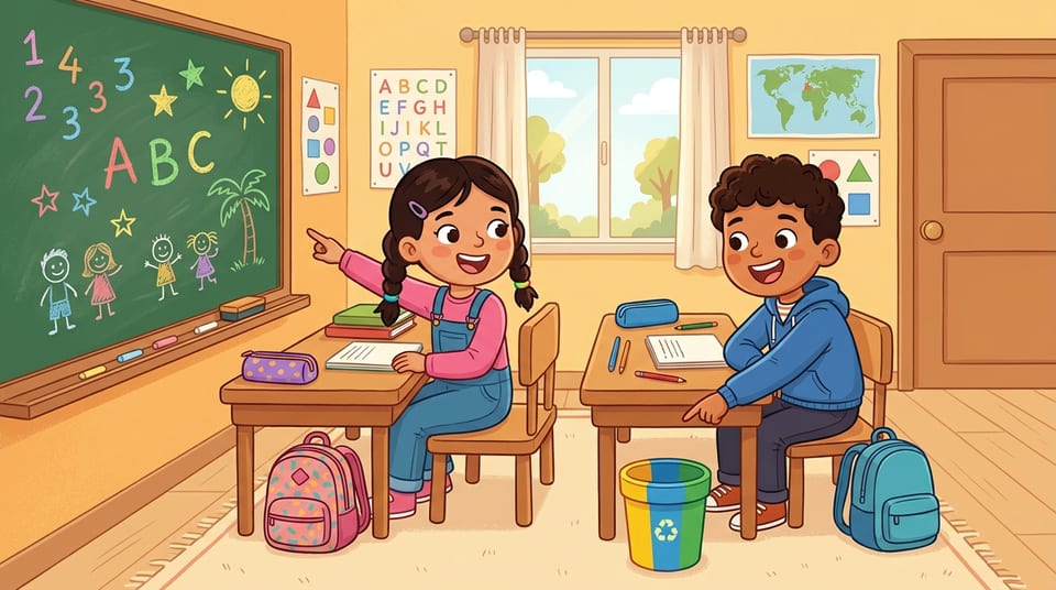 Sara et Youssef assis à leurs bureaux dans leur salle de classe